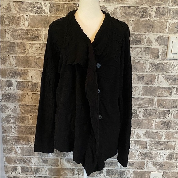 Horny Toad Black Button-Up Cardigan with Scarf Collar. Raised Pattern. Size L. - Picture 1 of 12